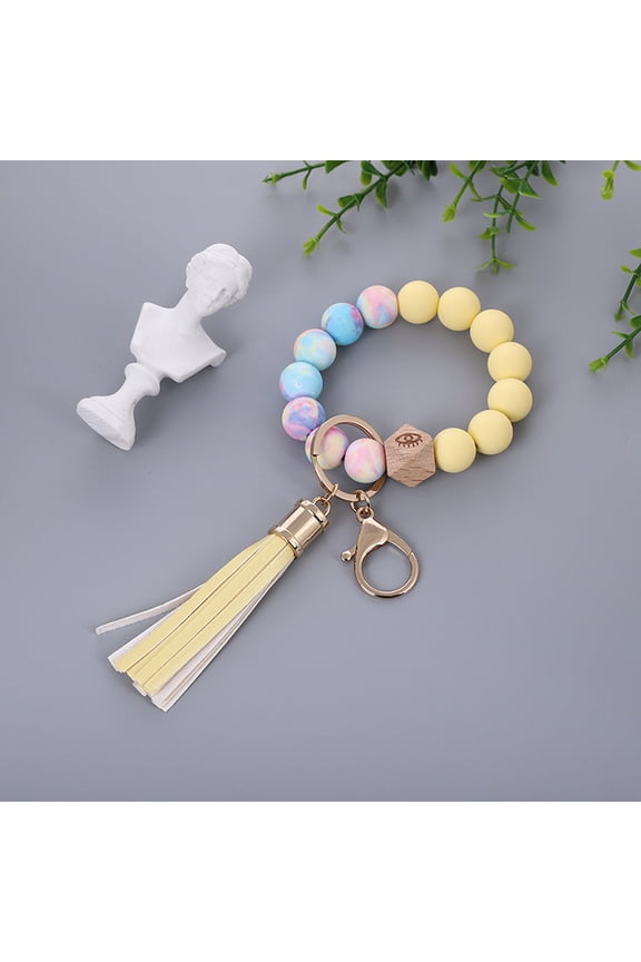 Silicone Keychain Beaded Wristlet Key Ring Bracelet With Tassel For Women