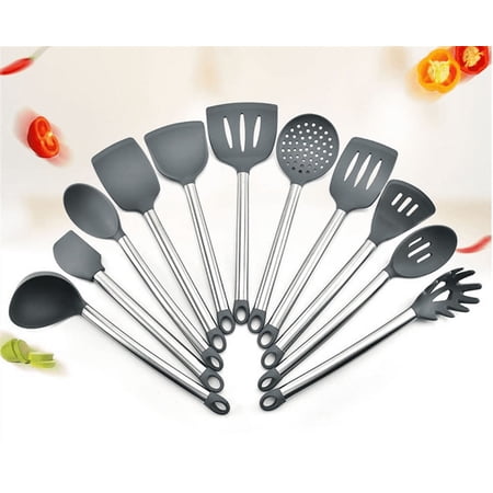 Silicone Kitchen Cooking Utensil Set, 11 Pieces Stainless Steel Silicone Kitchen Utensils Set, BPA Free Non-Toxic Silicone Cooking Utensils (Gray)