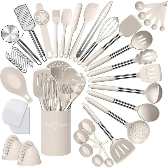 Silicone Kitchen Cooking Utensil Set, 43 pcs Spatula Set with Stainless Steel Handle, Non-stick Heat Resistant - Best Cookware Set-(Khaki)