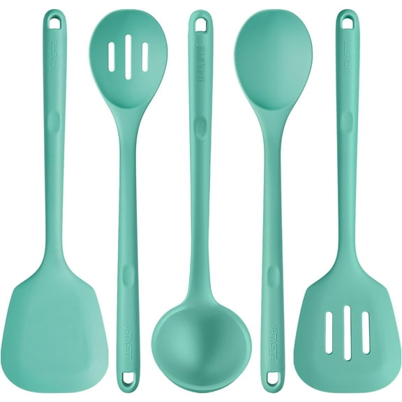 Silicone Kitchen Cooking Utensil Set: U-Taste 446°F Heat Resistant 13.6in Long Kitchen Gadget, BPA Free Non Stick Rubber Cook Accessories For Stir Fry, Serving, Basting, Mixing (5 Pieces, Aqua Sky)