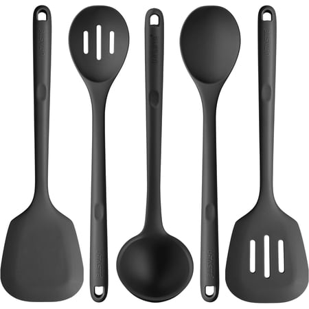Silicone Kitchen Cooking Utensil Set: U-Taste 446°F Heat Resistant 13.6in Long Kitchen Gadgets, BPA Free Non Stick Rubber Cook Accessories For Stir Frying, Serving, Basting, Mixing (5 Pieces, Black)
