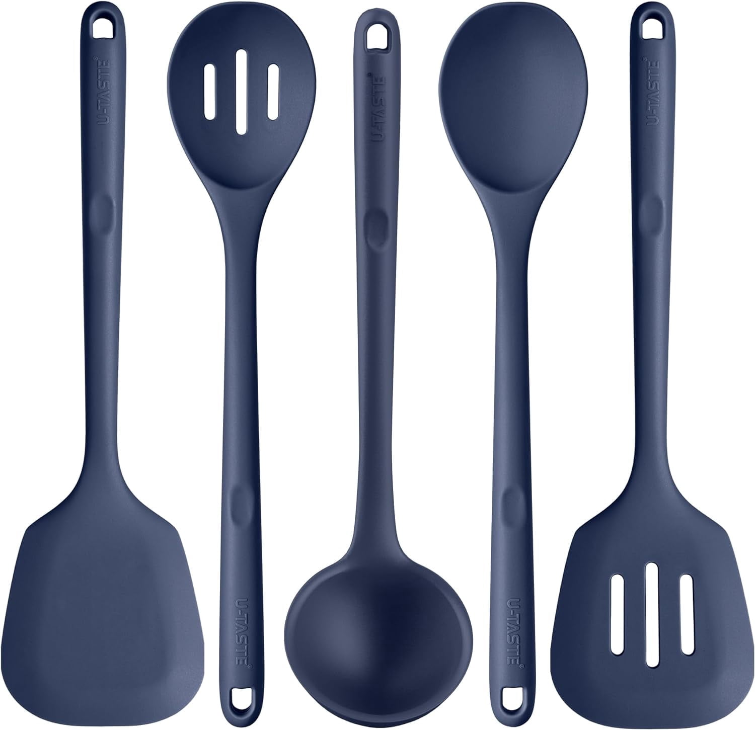 Silicone Kitchen Cooking Utensil Set: U-Taste 446°F Heat Resistant 13.6in Long Kitchen Gadgets, BPA Free Non Stick Rubber Cook Accessories For Stir Frying, Serving, Mixing (5 Pieces, Midnight Blue)