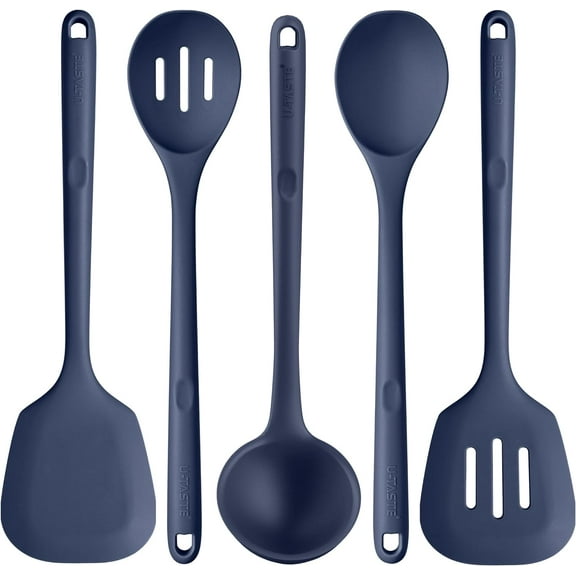 Silicone Kitchen Cooking Utensil Set: U-Taste 446°F Heat Resistant 13.6in Long Kitchen Gadgets, BPA Free Non Stick Rubber Cook Accessories For Stir Frying, Serving, Mixing (5 Pieces, Midnight Blue)