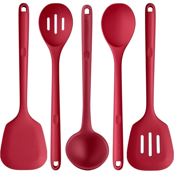 Silicone Kitchen Cooking Utensil Set: U-Taste 446°F Heat Resistant 13.6in Long Kitchen Gadgets, BPA Free Non Stick Rubber Cook Accessories For Stir Frying, Serving, Basting, Mixing (5 Pieces, Red)