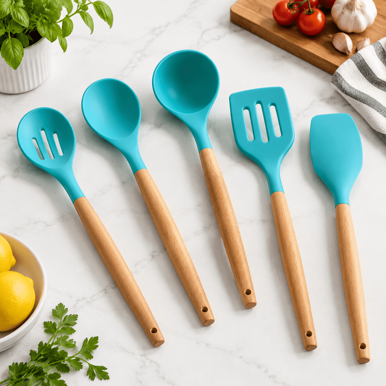 Silicone Kitchen Cooking Utensils Set 5-piece Non-stick Spatula Serving ...