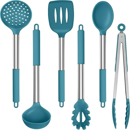 Silicone Kitchen Cooking Utensils Set, 6Pcs Heat Resistant Kitchen Tools Spatula for Nonstick Cookware, Slotted Turner, Spoon, Soup Ladle, Pasta Server, Skimmer, Tongs, Blue