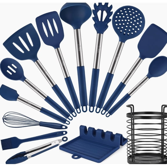 Silicone Kitchen Cooking Utensils Set with Classic Blue 14pcs, Blue