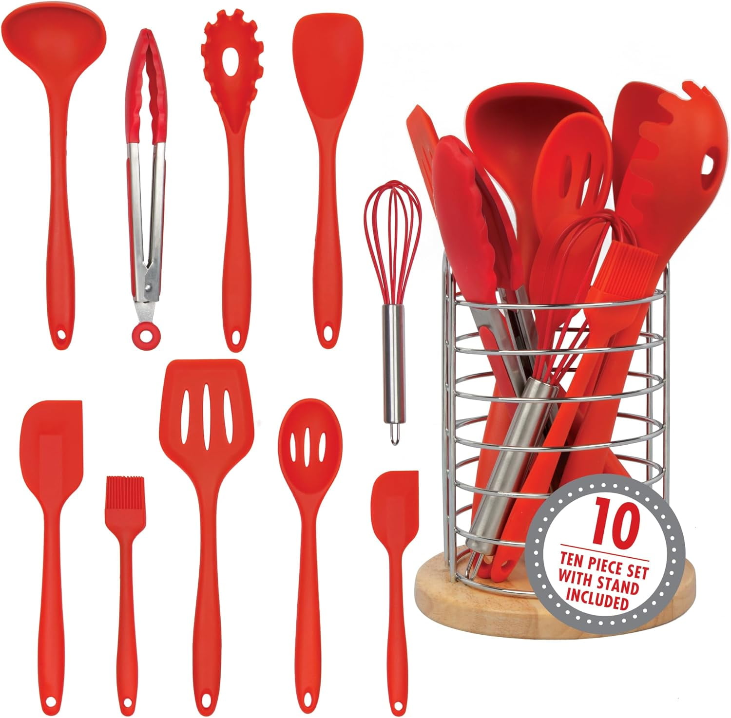 Good Cooking Silicone Kitchen Cooking Utensils w Bamboo Holder- 10 Pc Gourmet Non-Stick, Heat Resistant, Premium Kitchen Tools Set- Spatula, Spoon, Slotted Spoon, Tongs, Basting Brush, Whisk, Ladle