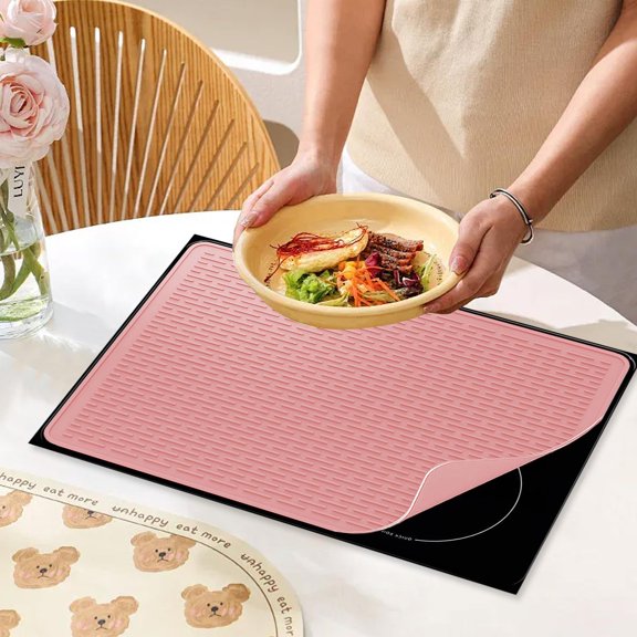 Silicone Kitchen Counter Accessory, Silicone Heat Resistant Mat, Induction Cooktop Protector, 28X20 Inch Large Silicone Mat, Pink 420G Heat Insulation Cover for Glass Top Electric