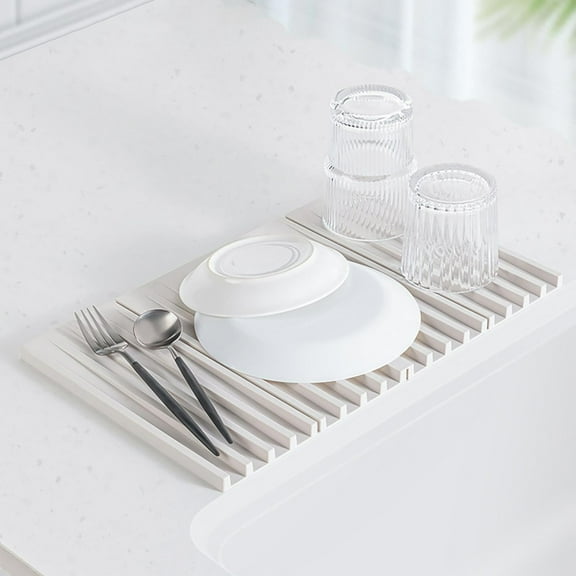 Silicone Kitchen Drying Mat | Foldable Drainer Rack | Multi-Use Dish Draining Pad for Countertop | Non-Slip Odorless | Easy-Clean | Hangable Roll-Up Design | 15.6x9.8 in | White | 1 Piece
