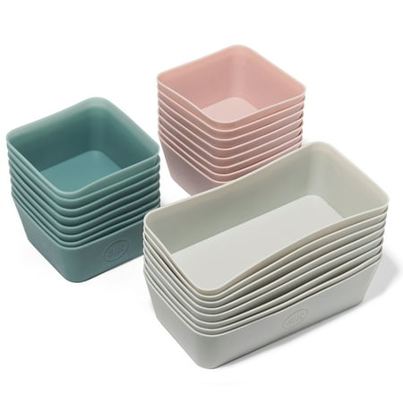 The Silicone Kitchen Reusable Silicone Bento Baking Cups, Non-Toxic, BPA Free, Dishwasher Safe Bento Box Accessories Lunch Box Dividers, Square and Rectangle, 24 Pack, Pink, Blue, Gray