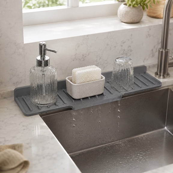 Silicone Kitchen Sink Mat with Flip-Up Raised Edge & Slope,Sink Protector and Dish Drying Mat Flexible Splash Guard for Kitchen Countertop(13.78×3.15×0.591in,Gray)