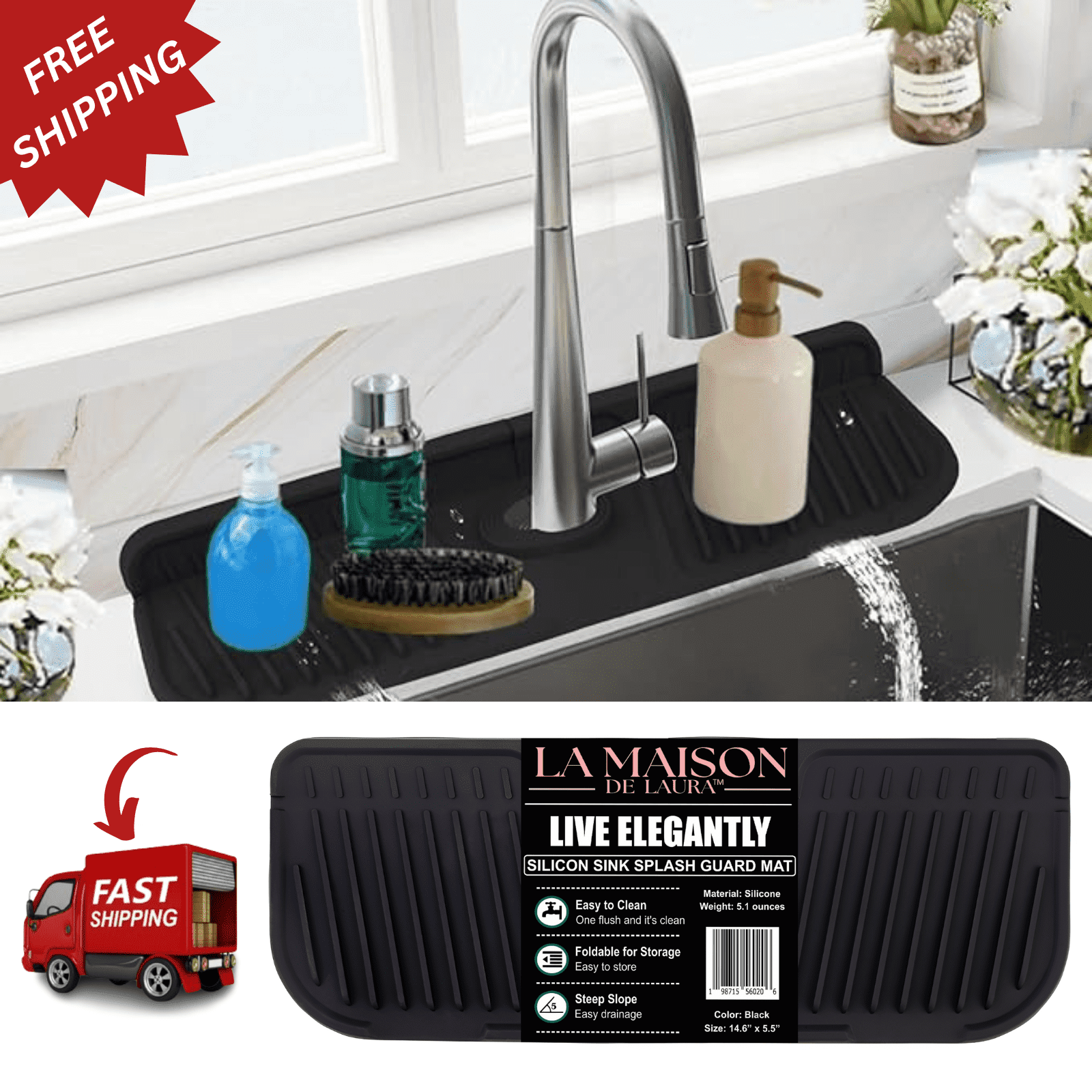 Silicone Sink Splash Guard - 14.6" X 5.5", 5° Slope, Behind Faucet Mat, Water Catcher & Sponge Holder