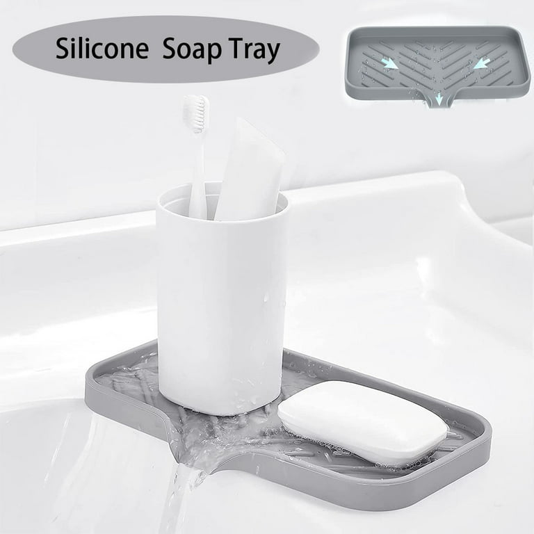 SUBEKYU Silicone Kitchen Soap Tray, Sink Tray for Kitchen Counter/Soap  Bottles, Sponge Holder and Organizer with Drain Spout, Grey, [Size: 9.5 x 5