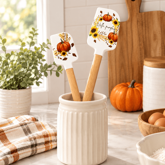 Silicone Kitchen Spatula with Sunflower Pumpkin Print and Beech Wood Handle