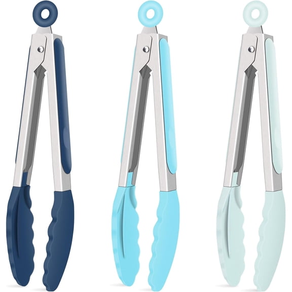 Silicone Kitchen Tongs for Cooking 9-Inch Serving Tongs with Silicone Tips, Set of 3 (Gradient Blue)