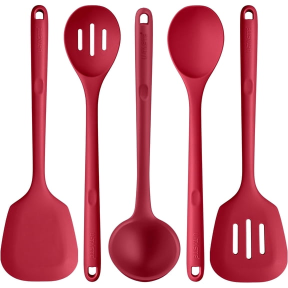 Silicone Kitchen Utensil Set 13.6 Inch High Heat Resistant BPA Free Non Stick 5 Piece Red
