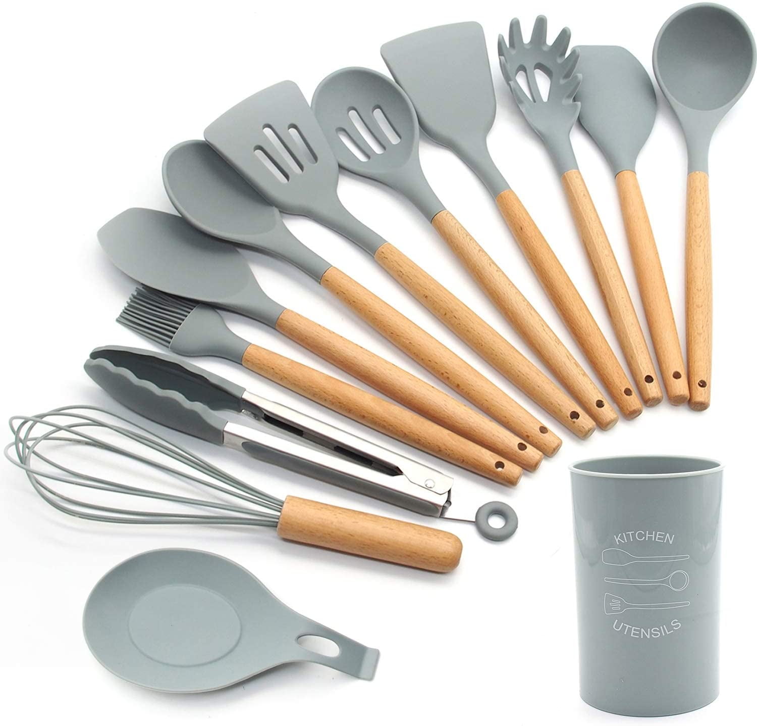 Kitchen Silicone Cooking Utensil 13-Piece Set with Stand, Wood Handles. 4  Colors Available, 1 - Kroger