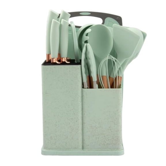 Silicone Kitchen Utensil Set, 19 Piece with Wooden Handles, Cutting Board, Storage Holder, Black Pink Gray Mint Green, Cooking Tools with Organizer (Light green) Y101