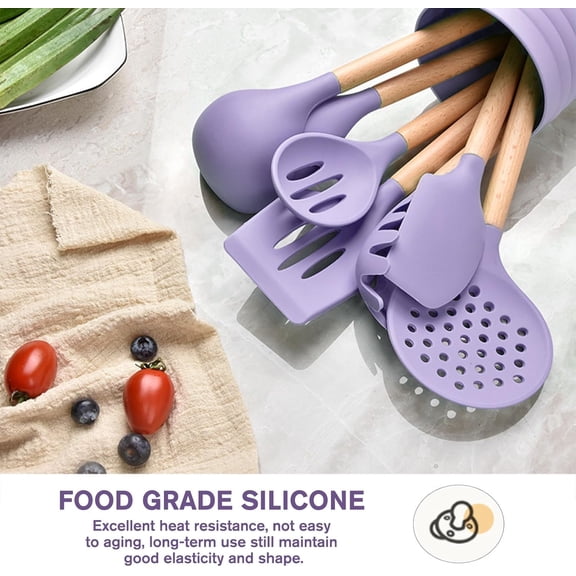 Silicone Kitchen Utensil Set, 8-Piece Cooking Tools with Wooden Handles, Non-Stick Heat Resistant Gadgets for Pots and Pans, Includes Holder,