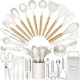 thumbnail image 1 of Kitchen Utensil Set, AOKIWO 34Pieces Silicone Cooking Utensil Set with Wooden Handle, Heat Resistant Spatula Set Gadgets Tools Cookware, White, 1 of 6