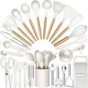 Kitchen Utensil Set, AOKIWO 34Pieces Silicone Cooking Utensil Set with Wooden Handle, Heat Resistant Spatula Set Gadgets Tools Cookware, White deal from Walmart
