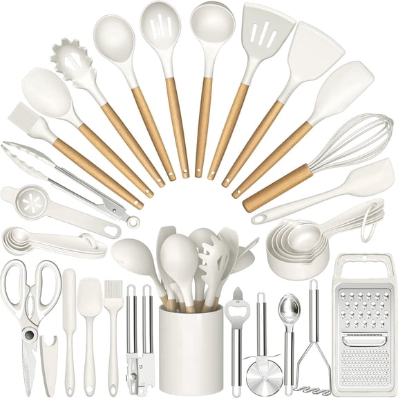 Kitchen Utensil Set, AOKIWO 34Pieces Silicone Cooking Utensil Set with Wooden Handle, Heat Resistant Spatula Set Gadgets Tools Cookware, White