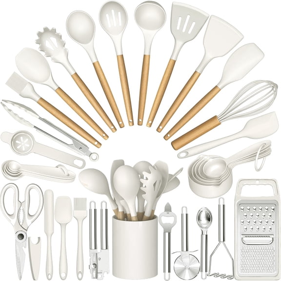 Silicone Kitchen Utensil Set, AOKIWO 34PCS Heat Resistant Kitchen Gadgets and Tools With Grater, Cream White Wood Handles for Nonstick Cookware,White