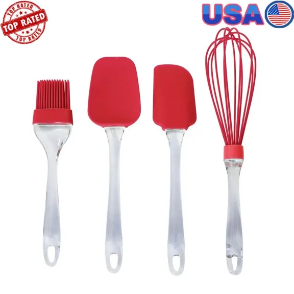 Silicone Kitchen Utensil Set Whisk Spatula Spoon Brush Dishwasher Safe Red New