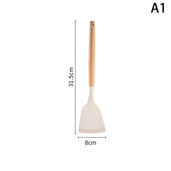 Silicone Kitchen Utensil Set with Wooden Handles - Heat Resistant Spatula and Ladle for Nonstick Cookware
