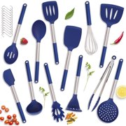 Silicone Kitchen Utensils Set - 12 Pieces Cooking Utensils Non-Stick Heat Resistance Silicon with Stainless Steel Handle - Blue