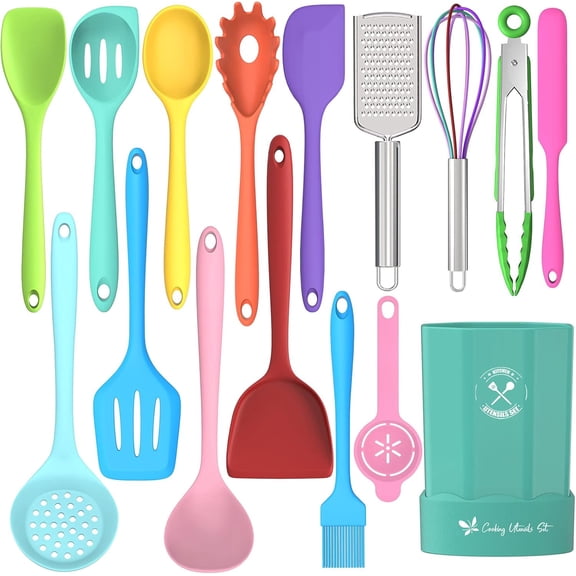 Silicone Kitchen Utensils Set, 16-Piece Silicone Cooking Utensils by Deedro, Heat Resistant Kitchen Tools Set with Holder, Nonstick Spatula Kitchen Gadgets for Cooking & Baking, Gray