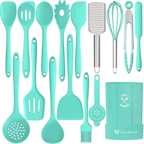 Silicone Kitchen Utensils Set, 16-Piece Silicone Cooking Utensils by Deedro, Heat Resistant Kitchen Tools Set with Holder, Nonstick Spatula Kitchen Gadgets for Cooking & Baking,