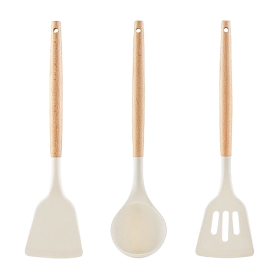 Silicone Kitchen Utensils Set 3 Piece With Wooden Handle Heat Resistant Spatula Soup Ladle Frying Turner White 12.4 Inch