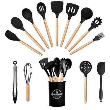 Silicone Kitchen Utensils Set,446°F Heat Resistant Nonstick Cookware,14 Piece Set with Wooden Handle (Black）