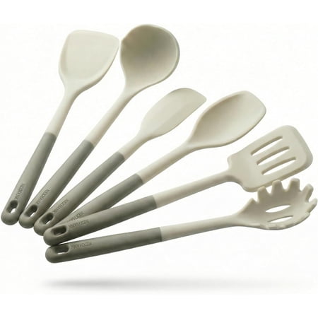 Silicone Kitchen Utensils Set, 6-Piece NON-PLASTIC 500°F Heat-Resistant BPA-Free Dishwasher Safe Cooking Tools with Upgraded Spatula,Turner Ladle Skimmer Pasta Fork Scraper, Cream White &Mocha