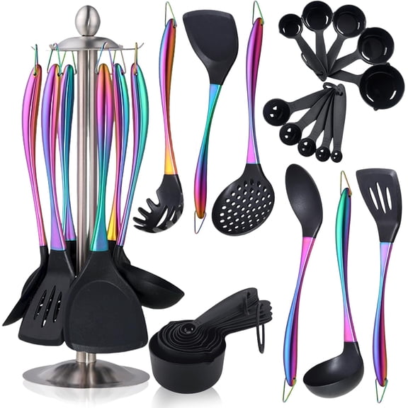 Cooking Utensils Set, 17pcs Kitchen Utensil Set with Rotatable Holder, Heat-Resistant Silicone Utensils for Cooking, Non-Stick Spatula Set with Stainless Steel Handle,Turner,Ladle (Rainbow)