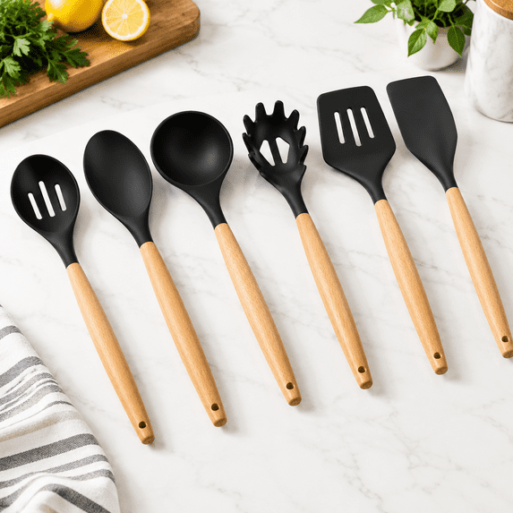 Silicone Kitchen Utensils Set Of 6 Cooking With Heat Resistant Wooden ...