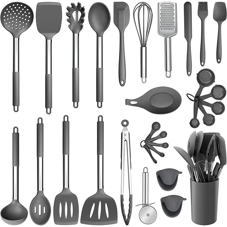 Silicone Kitchen Utensils Set, Vesteel 30-Piece Cooking Utensils Set with  Holder, Heat Resistant Kitchen Spatulas Turner Tong Spoon Whisk Ladle for  Nonstick Cookware - Gray 