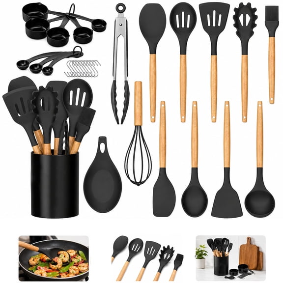 Silicone Kitchen Utensils Set with Holder, Wooden Handles