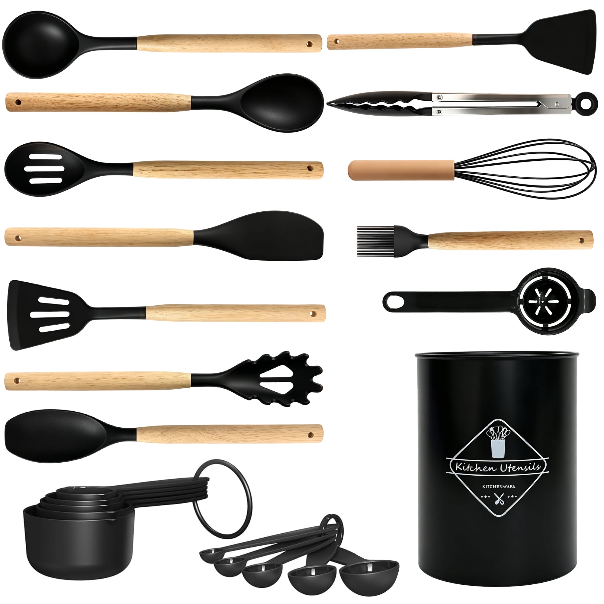 GARITIN Silicone Kitchen Utensils, Cooking Utensils Sets for Nonstick Cookware with Storage Holder, Black