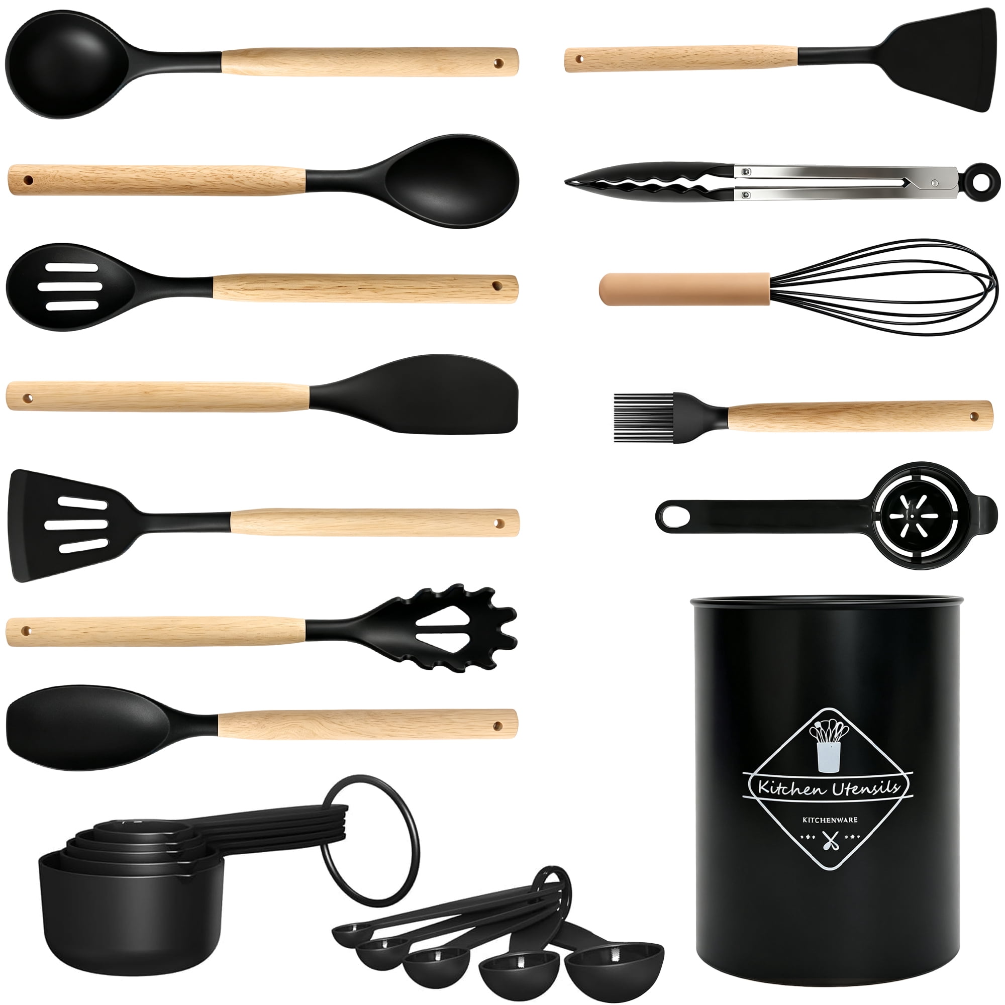 GARITIN Silicone Kitchen Utensils, Cooking Utensils Sets for Nonstick Cookware with Storage Holder, Black