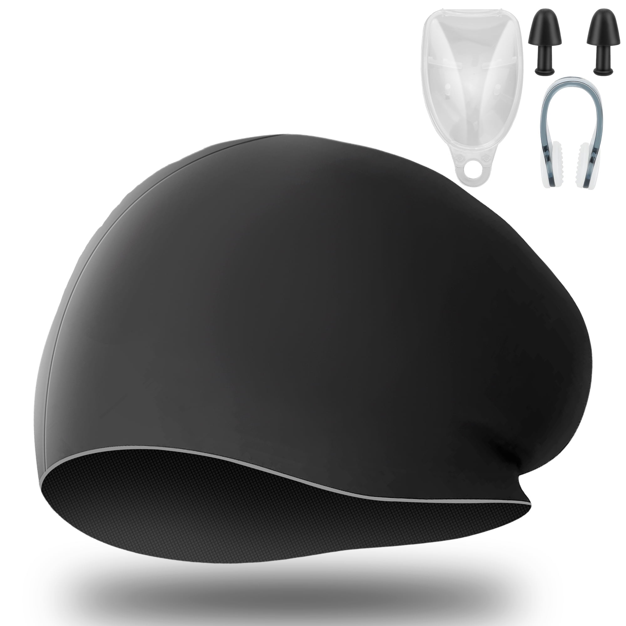 Silicone Large Swim Cap Set, TSV Adults Anti-Silp \u0026 Waterproof Swimming Hat with Nose Clip and Earplugs, Black