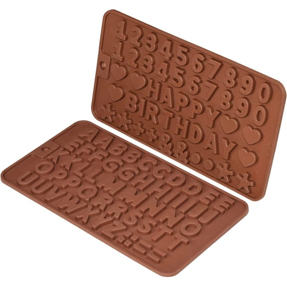 Silicone Letter Number Molds,Reusable Chocolate Molds with Happy Birthday Cake Decorating Symbols(Brown 2pcs)