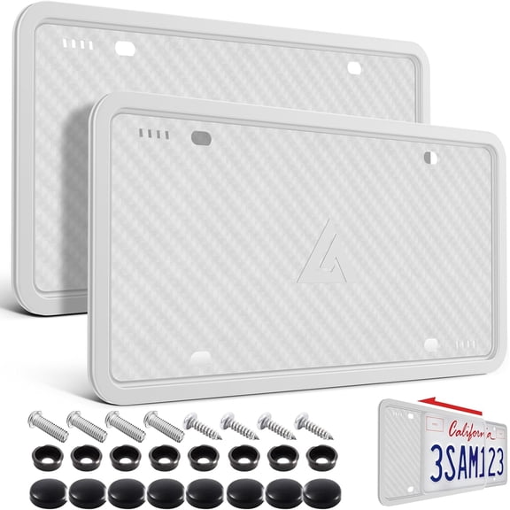 Silicone License Plate Frames, 2 Pack White Side-Opening License Bracket Holder, Without Obstruction. Rustproof, Rattle Proof & Weatherproof Universal