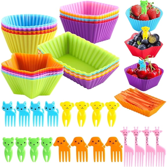 Silicone Lunch Box Dividers,24 pcs Bento Box Dividers with 20 Animal Picks,Silicone Bento Box Inserts,Cupcake Baking Cups,Muffin Pan Liners,Reusable and BPA Free