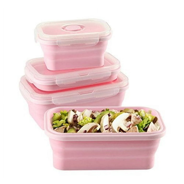 Silicone Lunch Box Portable Collapsible Folding Food Storage Container  Kitchen Microwave, Dishwasher and Freezer Safe Household Picnic bento box  for teens Pink(3pcs) 