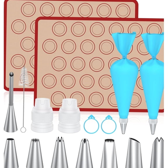 Silicone Macaron Baking Mat Set, 17 Pieces with Piping Bags and Tips, Nonstick Reusable, Red
