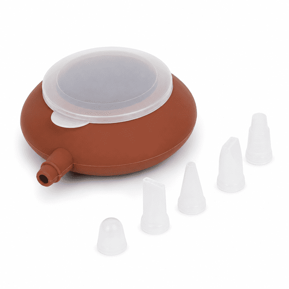 ABPETE Silicone Piping Pot with 5 Nozzle Tips, 5.1 in Macaron Baking Kit with Wide 4.3 in Opening and Secure Lid for Cupcakes, Cookies, Pastry Cream and Cake Decorating