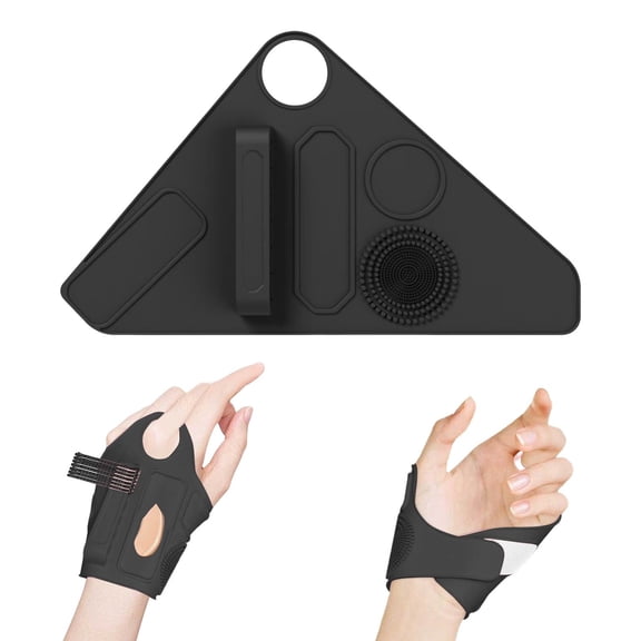 Silicone Makeup Assistant Hand Strap, Multifunctional Makeup Tool, With Brush Fixed Storage Hole, 2 Foundation/Concealer color matching areas, Brush Cleaner, For Professional Makeup Artists-Black